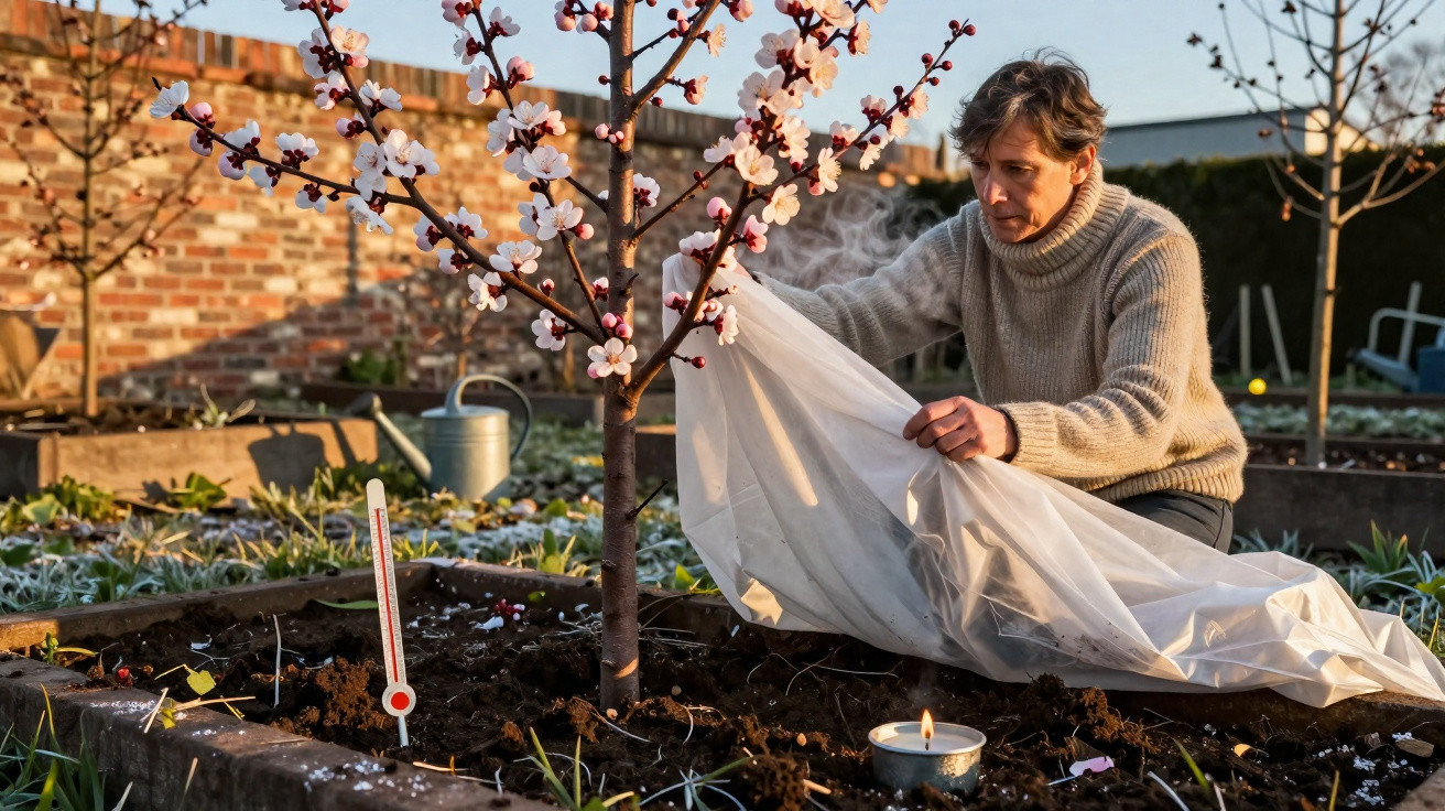 Person covering a blossoming tree with a protective fleece in a garden during golden hour sunlight.