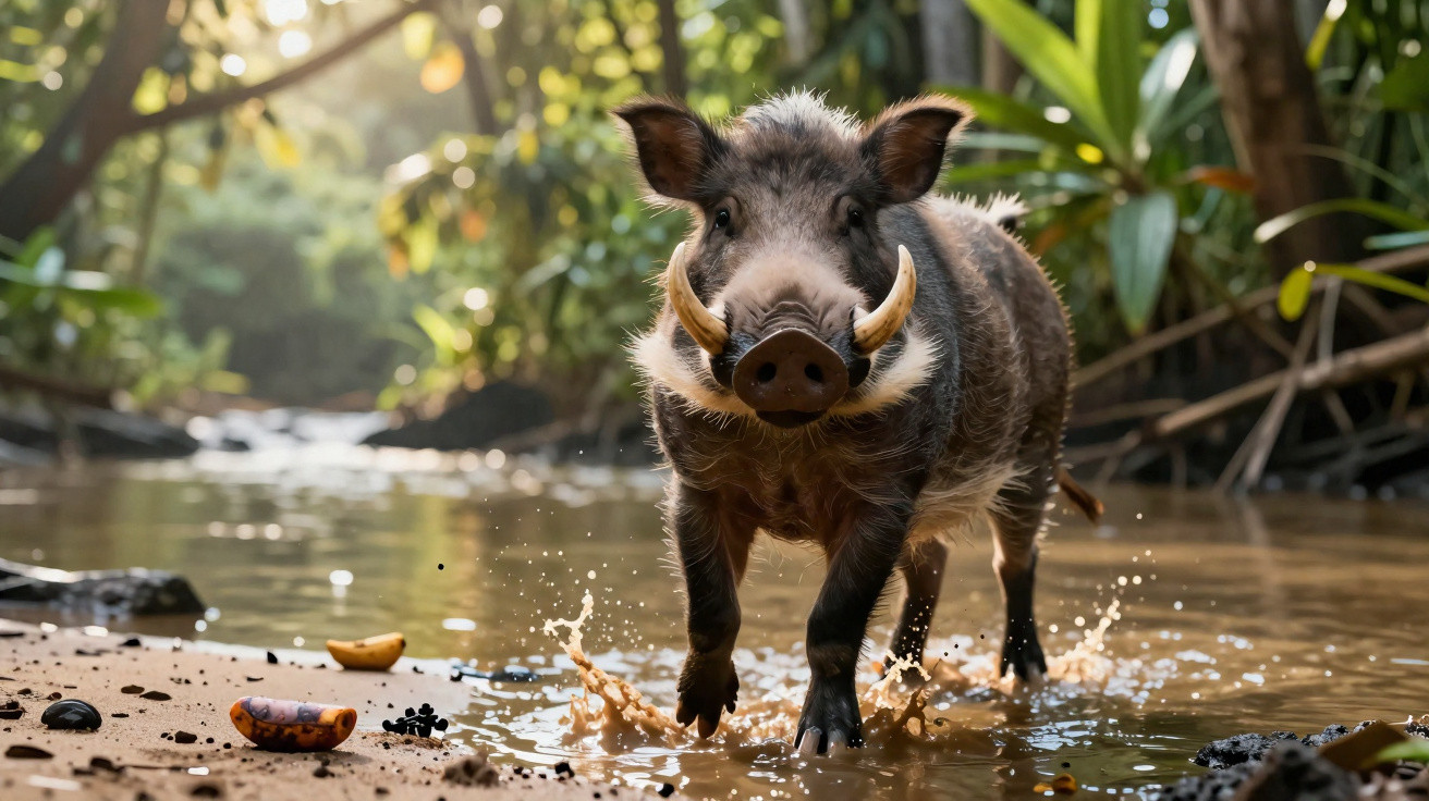Young wild boar splashing through a shallow stream in a lush green forest at sunrise.