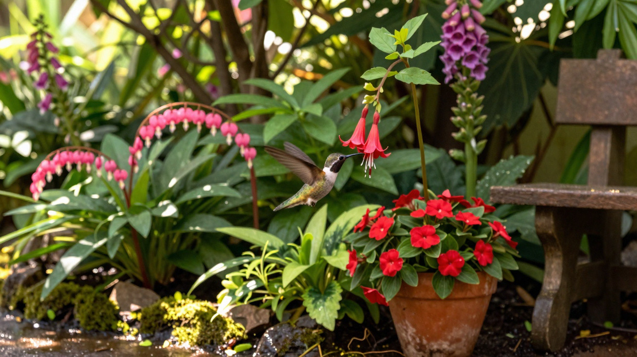 Hummingbird feeding on red tubular flowers in a lush garden with various blooming plants and a wooden bench nearby.