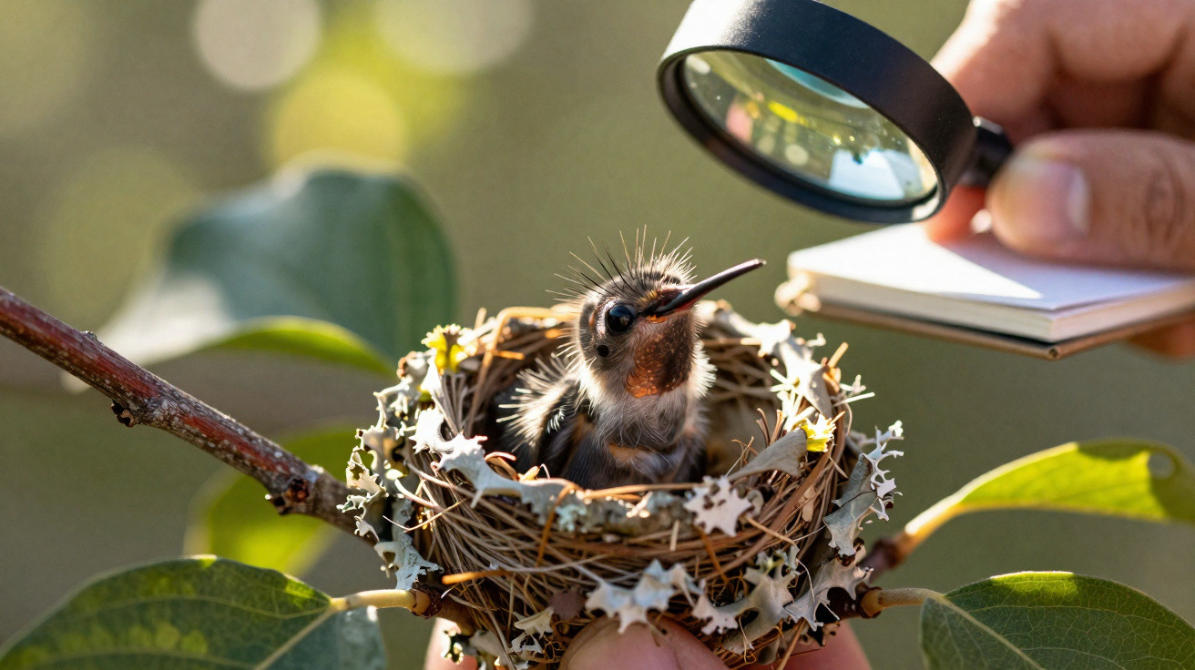 Hummingbird chick in a nest on a branch being examined closely with a magnifying glass and notebook.