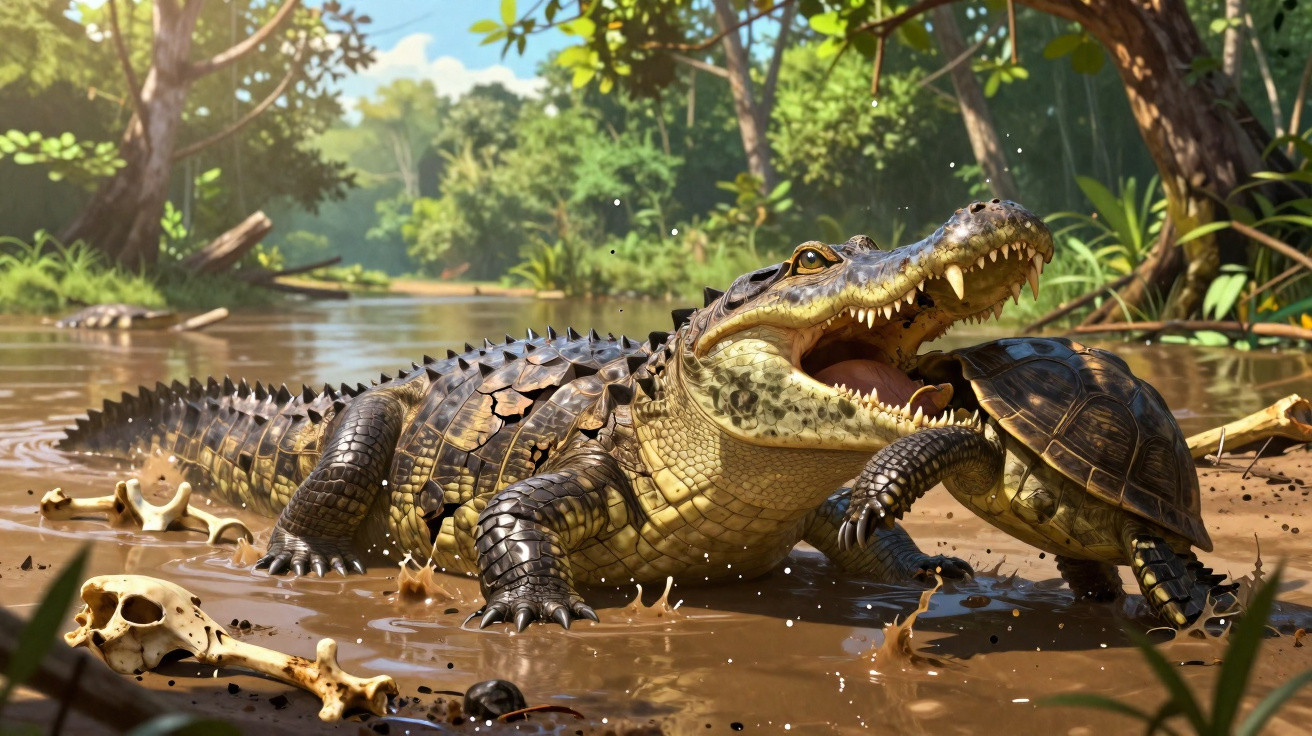 A crocodile with its mouth open catches a turtle in a muddy river surrounded by lush green trees.