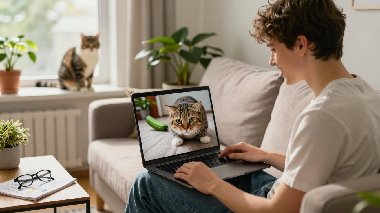 Young person sitting on a sofa viewing a close-up photo of a tabby cat on a laptop with a cat on the windowsill behind.
