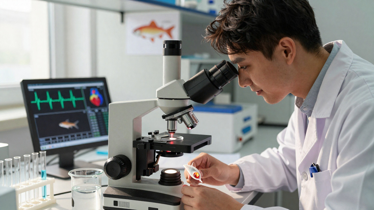 Scientist in white lab coat examining a sample under a microscope in a laboratory with computer screen.