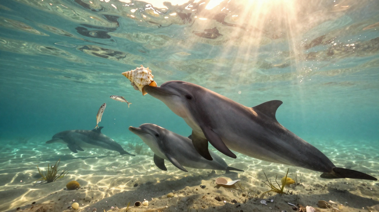 Two dolphins swimming underwater near fish and holding a seashell with sunlight filtering through water surface.