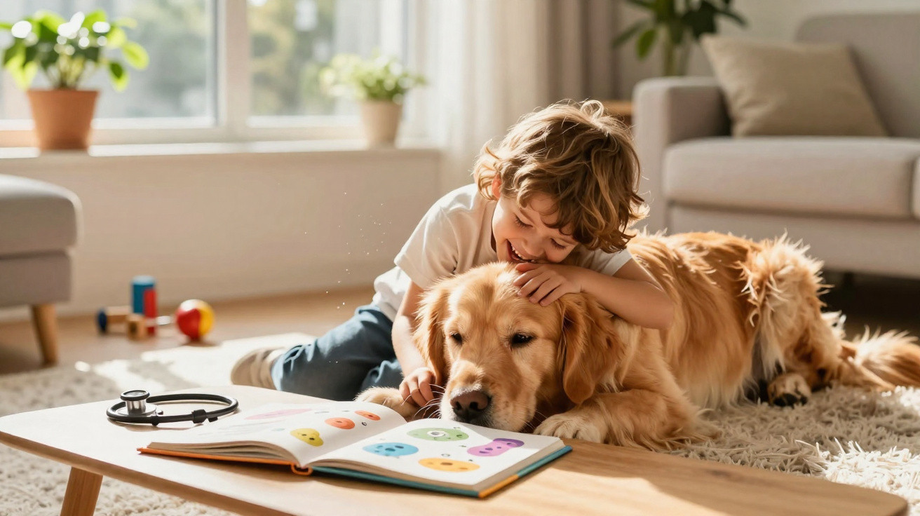 Young boy lying on the floor reading a book and petting a golden retriever in a bright living room.