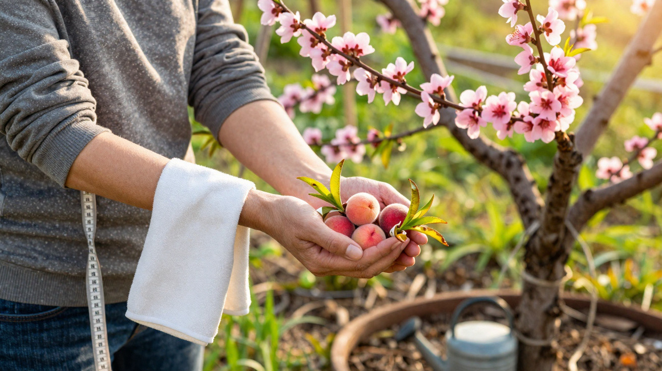 Person holding ripe peaches near a blossoming peach tree in a sunlit garden.