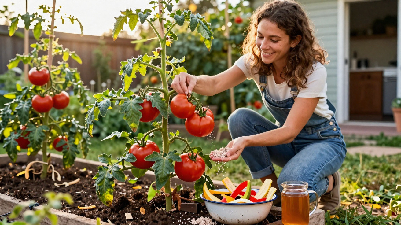 Woman in denim overalls fertilising tomato plants in a raised garden bed at home.