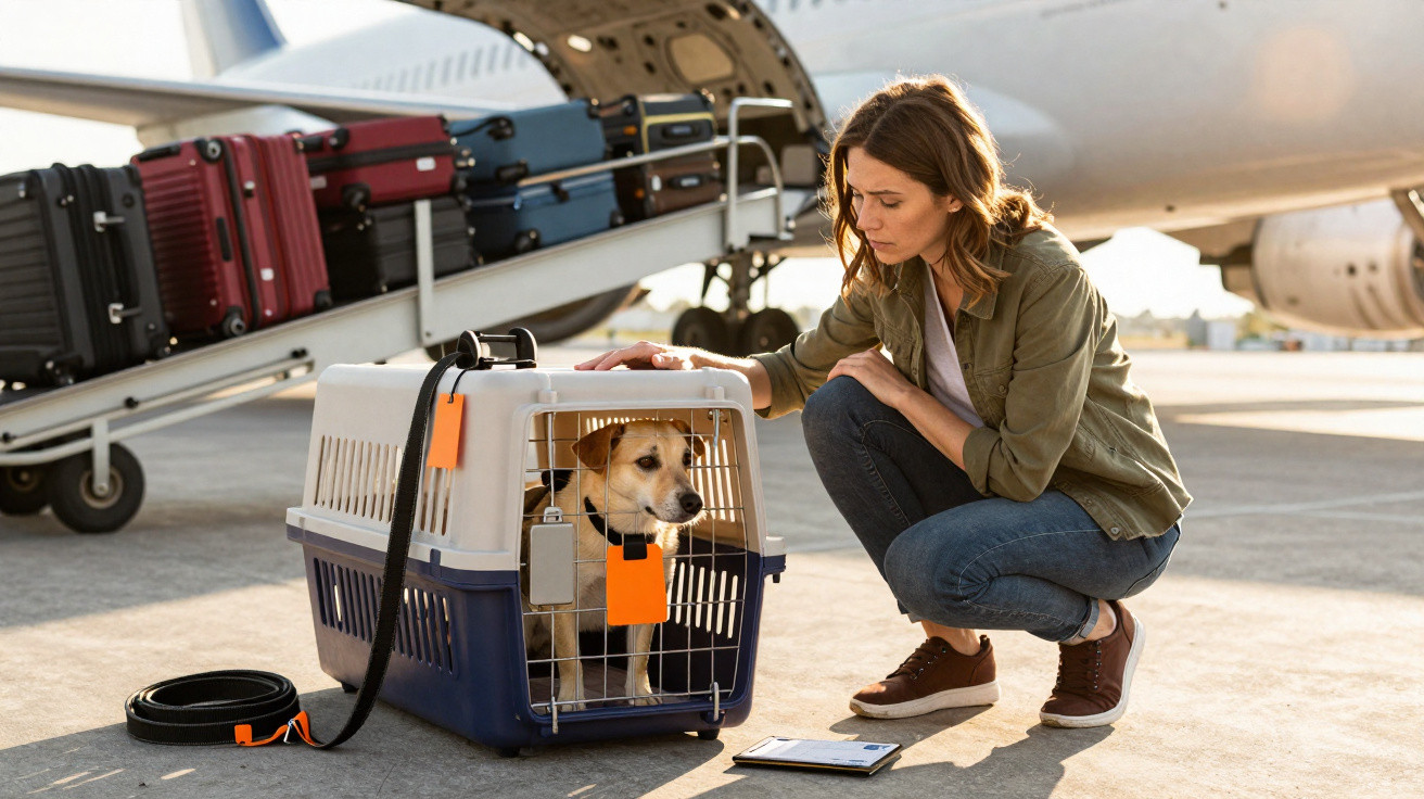 Woman kneels beside a dog in a travel crate on the tarmac near an airplane and luggage conveyor belt.