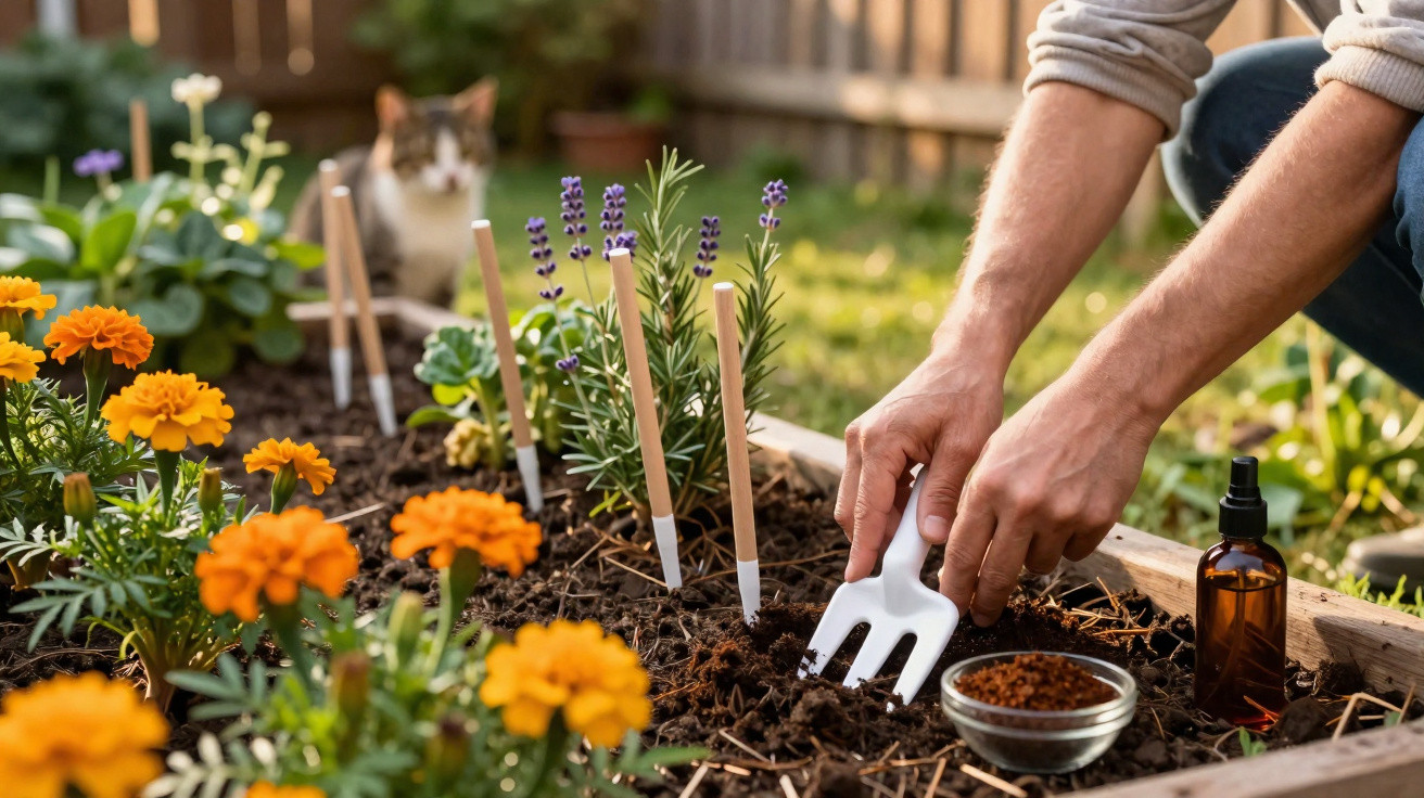 Person using a small hand rake to tend a raised garden bed with labelled plants and marigold flowers nearby.