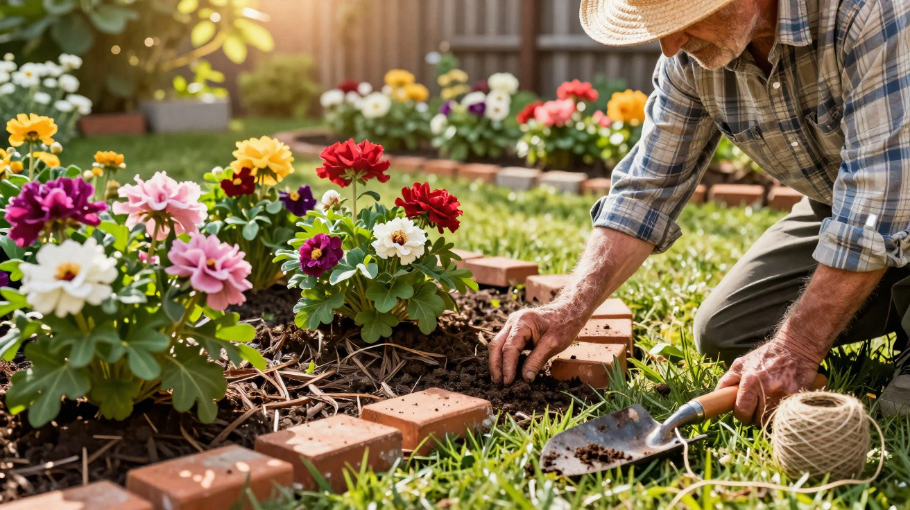 Elderly man wearing a hat gardening, planting colourful flowers in a brick-bordered flowerbed on a sunny day.