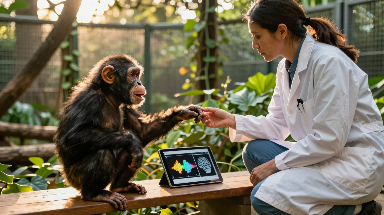 Scientist in white coat touching hands with a young chimpanzee beside a tablet showing brain and sound wave images.
