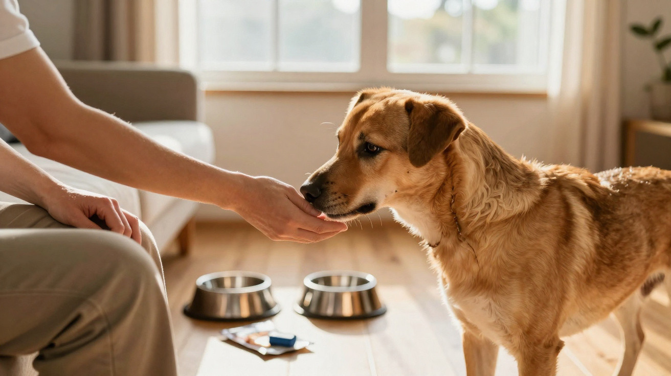Person feeding a brown dog indoors near metal food bowls on a wooden floor by a sunlit window.