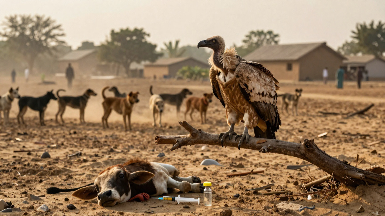 Vulture perched on a branch overlooking a sick calf lying on dirt with scattered syringes and stray dogs in the background.