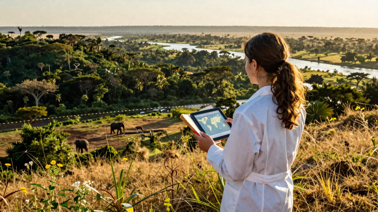 A woman in a white coat holds a tablet showing a world map, overlooking elephants in a grassy wildlife reserve.