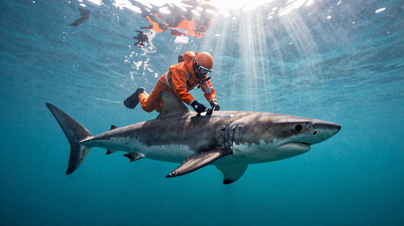 Diver in orange suit conducting research while holding onto a large shark underwater with sunlight filtering through.