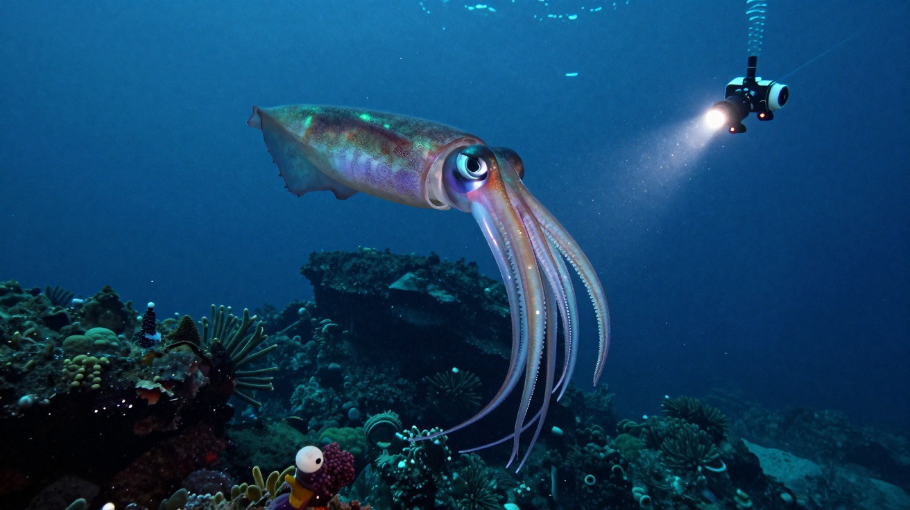 Squid illuminated by an underwater camera light hovering above a coral reef at night.