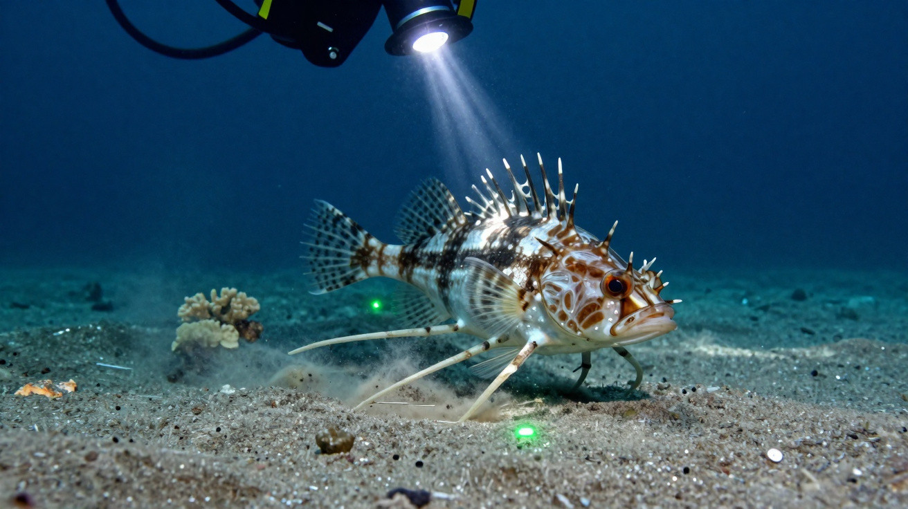 Spiky fish on the seabed illuminated by a diver’s flashlight in deep blue ocean water.