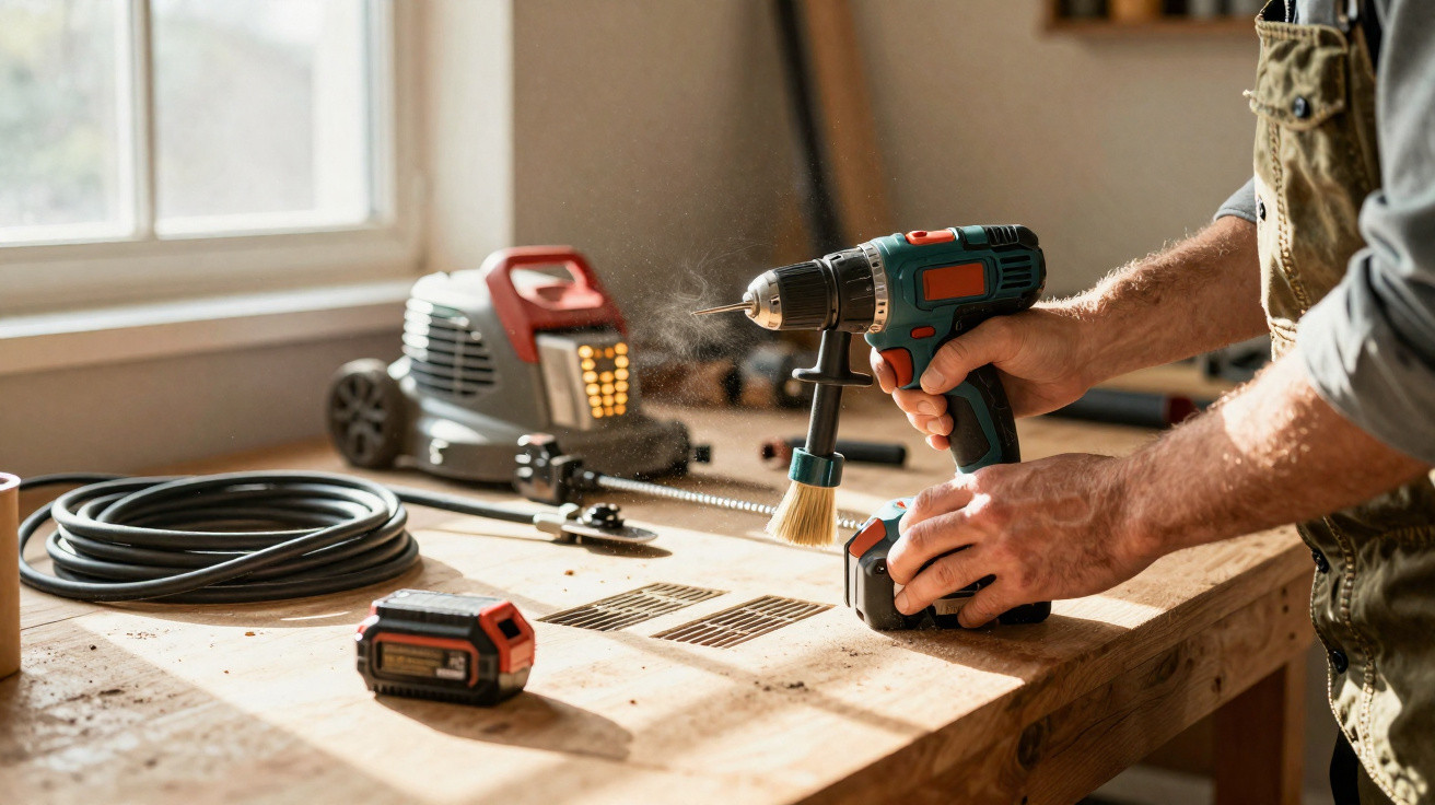 Person using a power drill with a dust brush on a wooden workbench in a workshop.
