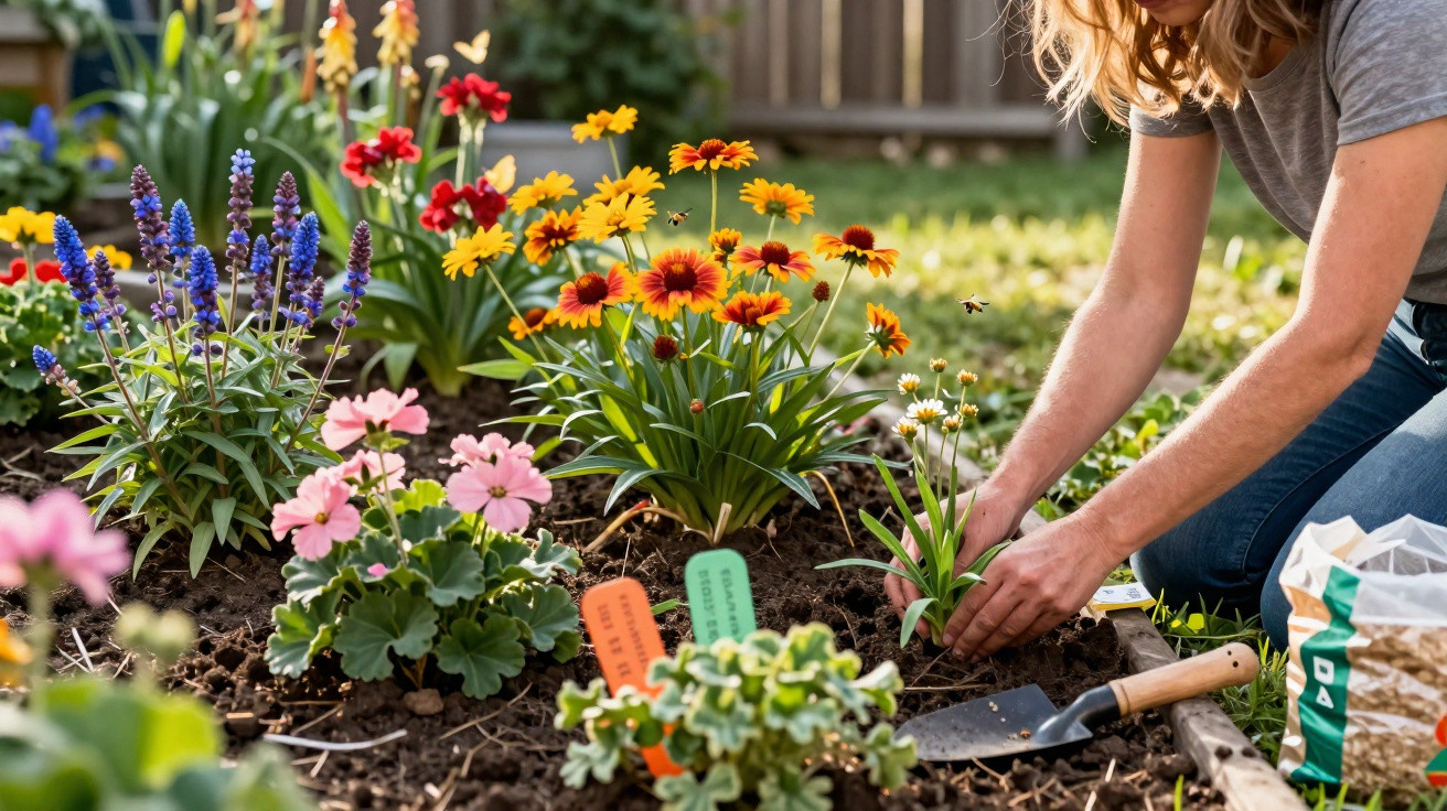 Person planting flowers in a garden bed surrounded by colourful blooming plants under sunlight.