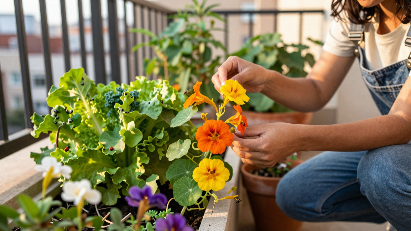 Person tending to vibrant orange and yellow flowers in a balcony garden planter during daylight.