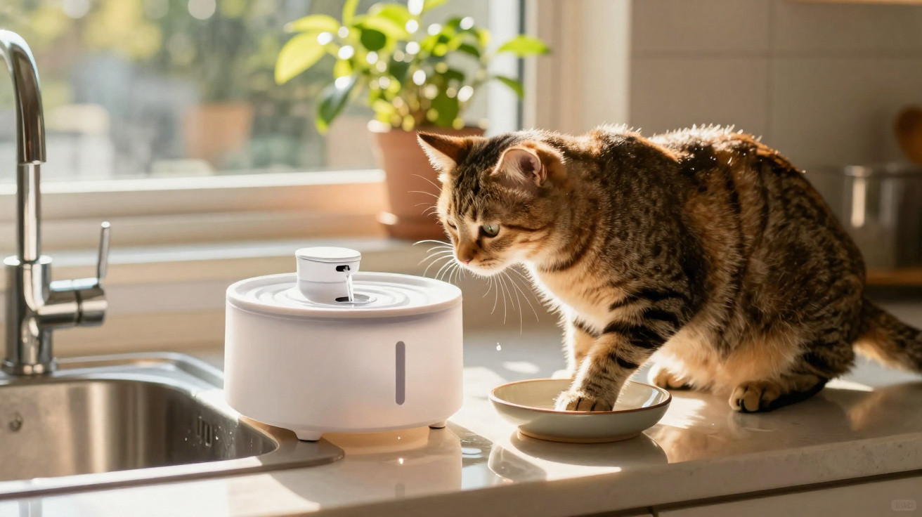 Tabby cat drinking water from a white automatic pet water fountain on a kitchen countertop near a sink.