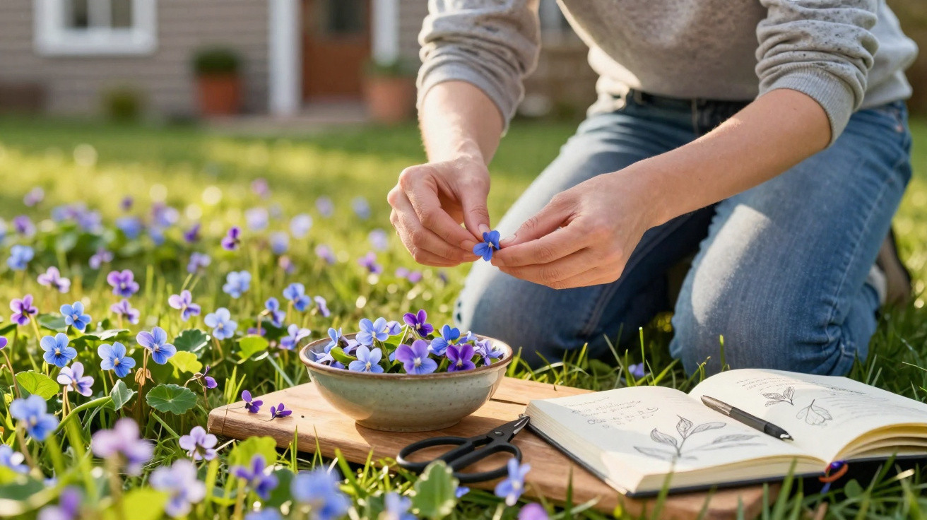 Person in jeans and grey sweater picking purple flowers into a bowl with botanical sketches nearby on grass.