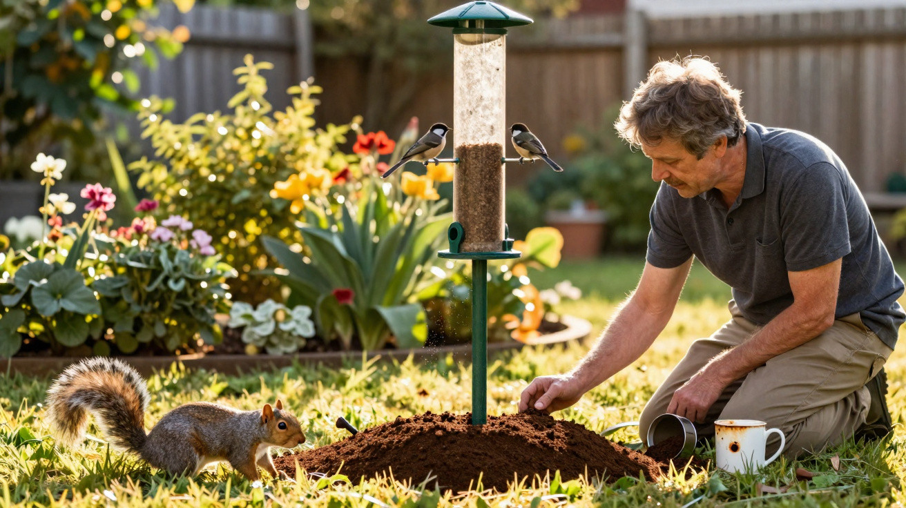 Man digging in garden soil near bird feeder with two birds and a squirrel in sunlit backyard.