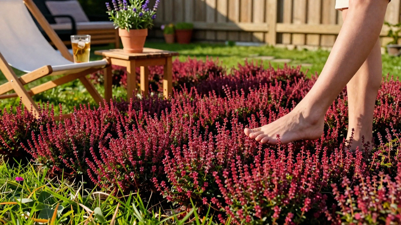 Bare feet walking on vibrant pink heather flowers in a sunlit garden near a deck chair and table with a drink.