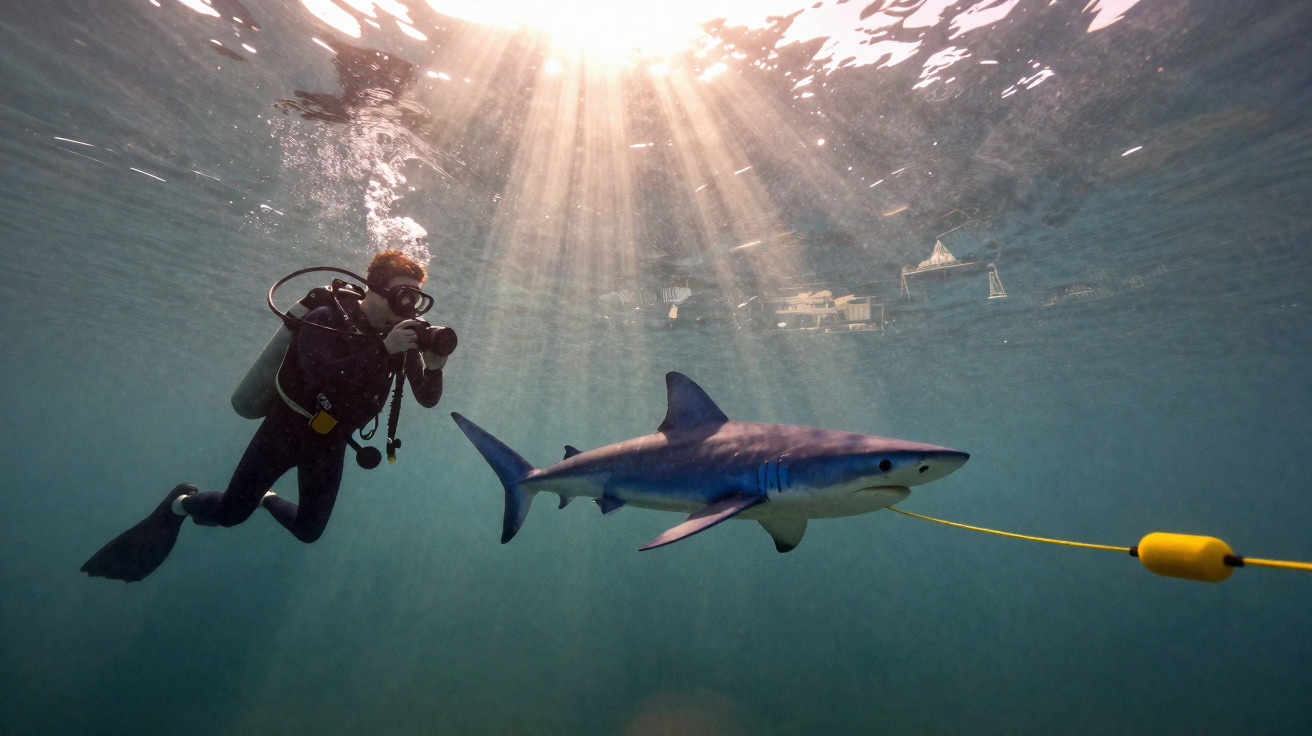 Diver photographing a shark swimming near a yellow buoy underwater with sunlight filtering through the surface.