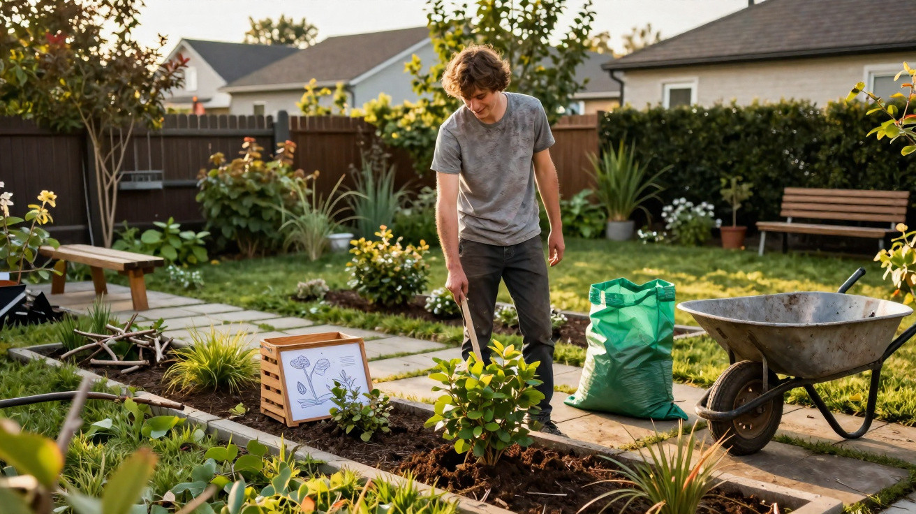 Young man gardening in backyard planting a shrub with garden tools, wheelbarrow, and plant care instructions nearby.