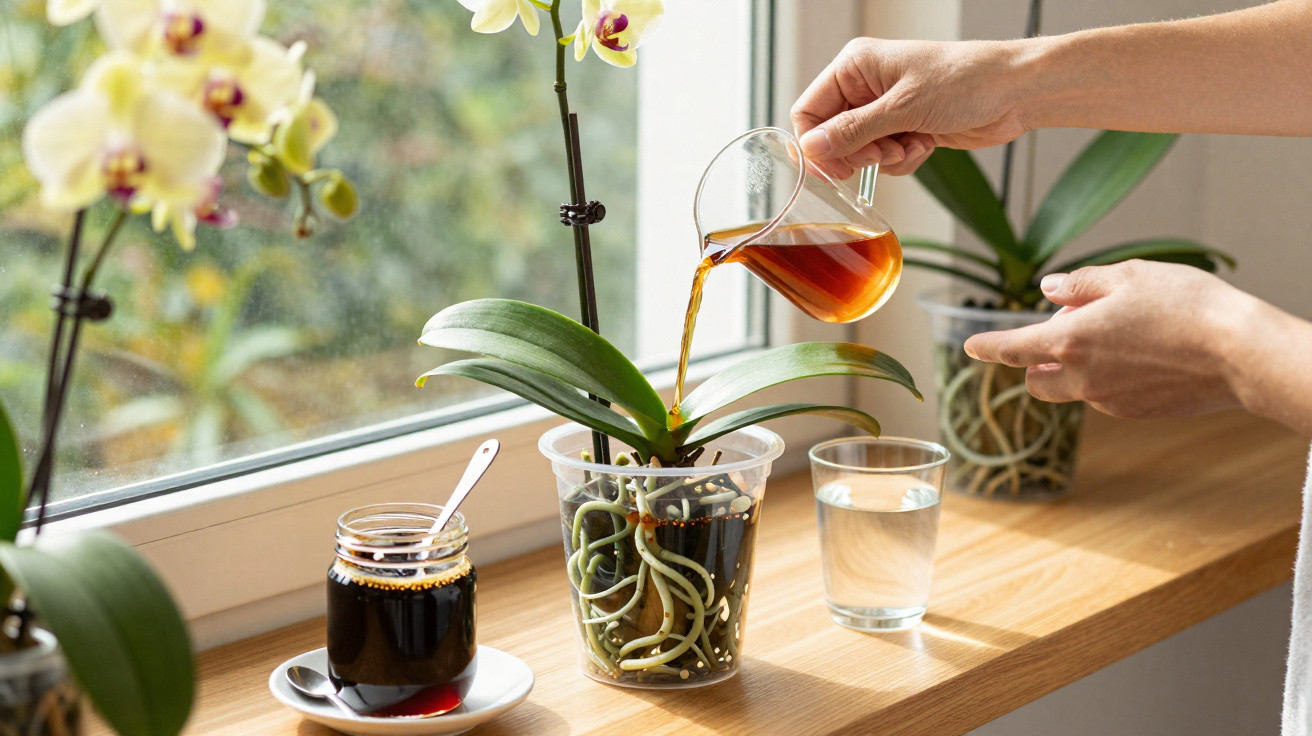 Person watering a potted orchid on a windowsill with dark liquid from a glass pitcher next to a jar and glass of water.