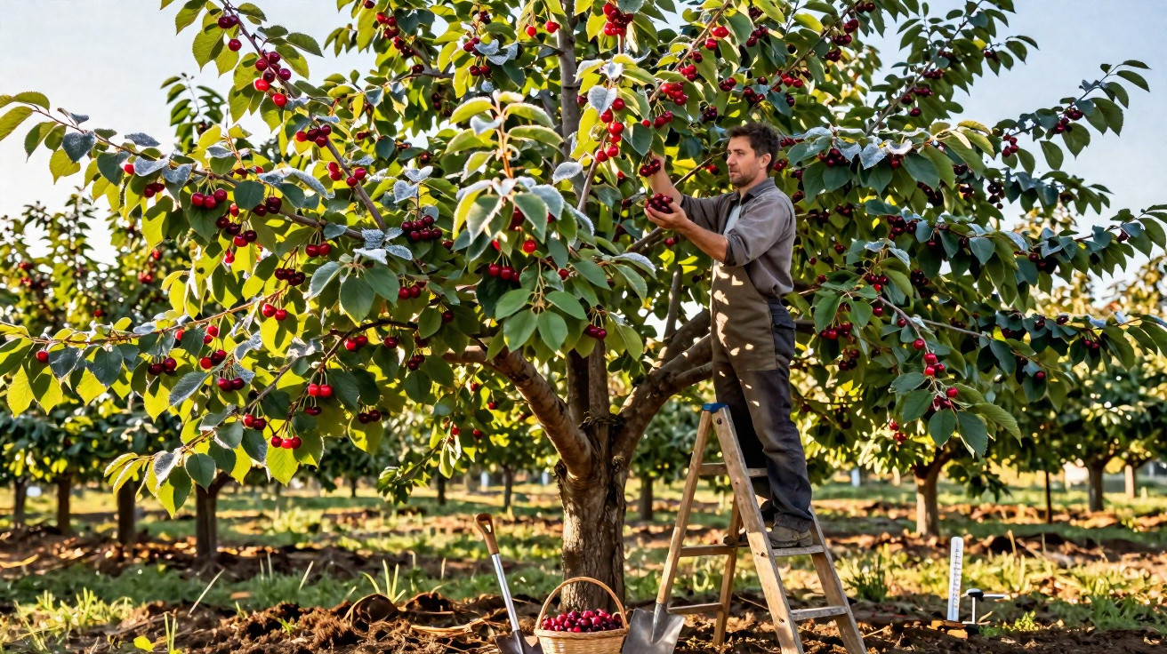Man standing on a ladder picking ripe cherries from a tree in an orchard on a sunny day.