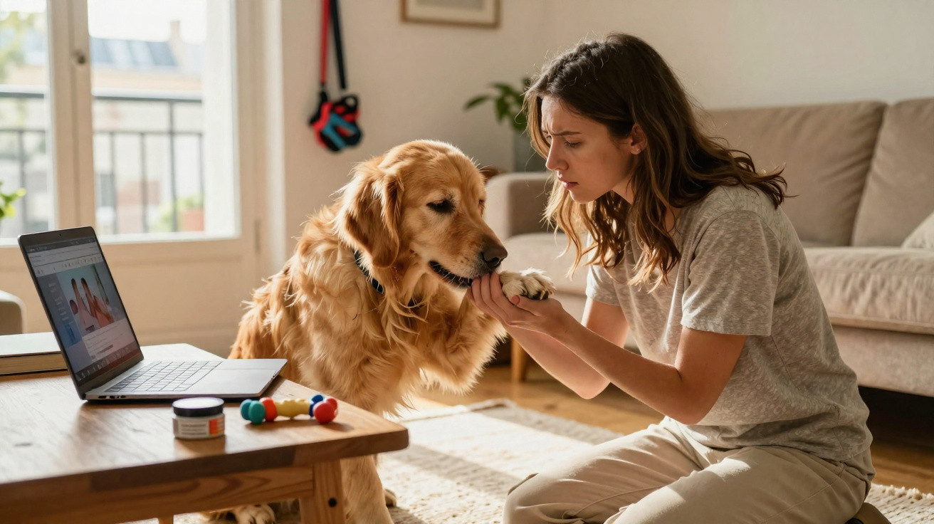 Woman comforting a golden retriever by holding its paw in a cosy living room with a laptop on a wooden table.
