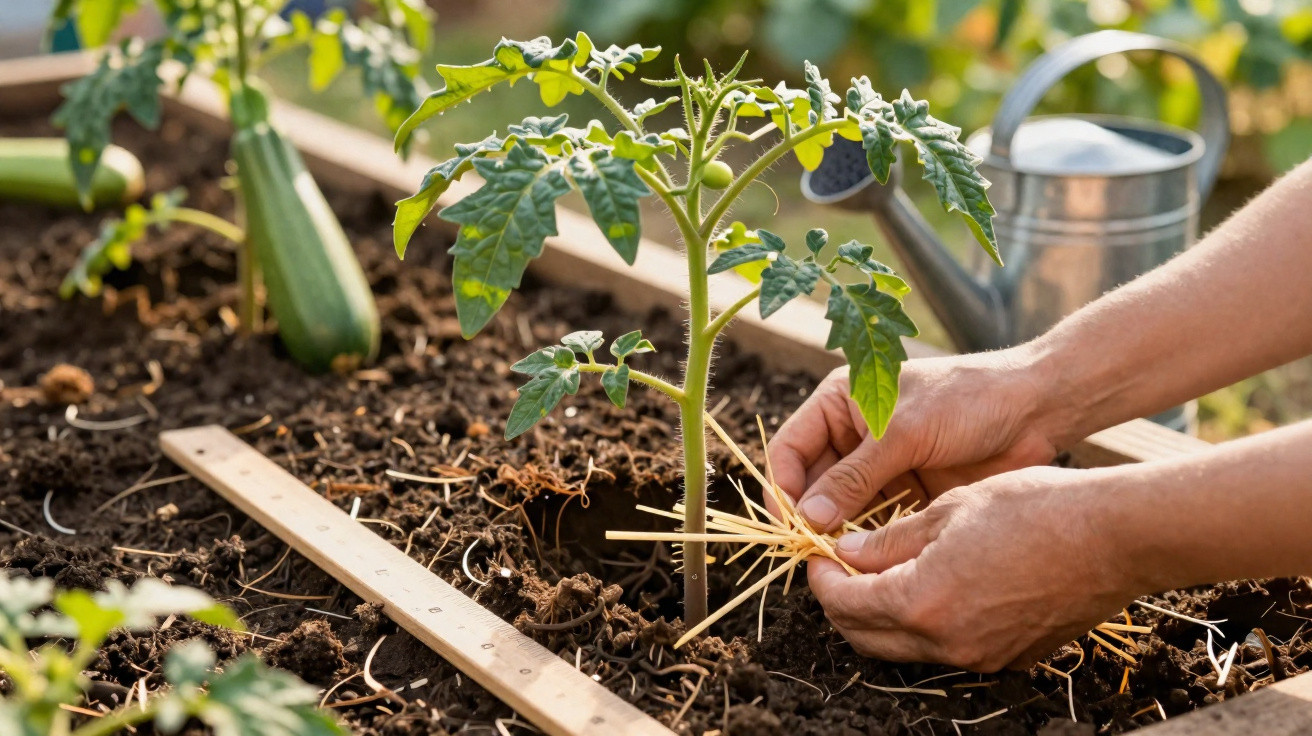 Hands placing straw mulch around a young tomato plant in a raised garden bed with a watering can nearby.