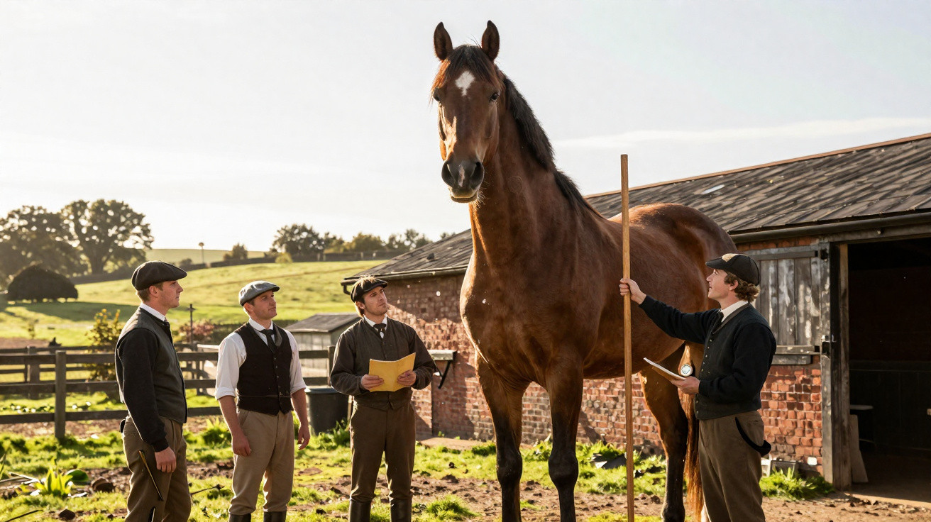 Four men in vintage attire standing near an unusually large horse beside a brick stable in a rural setting.