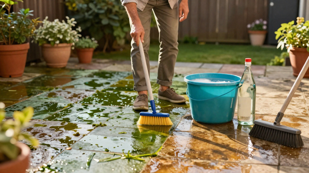 Person cleaning a wet, tiled patio with a broom, bucket of soapy water, and a bottle of cleaning liquid.