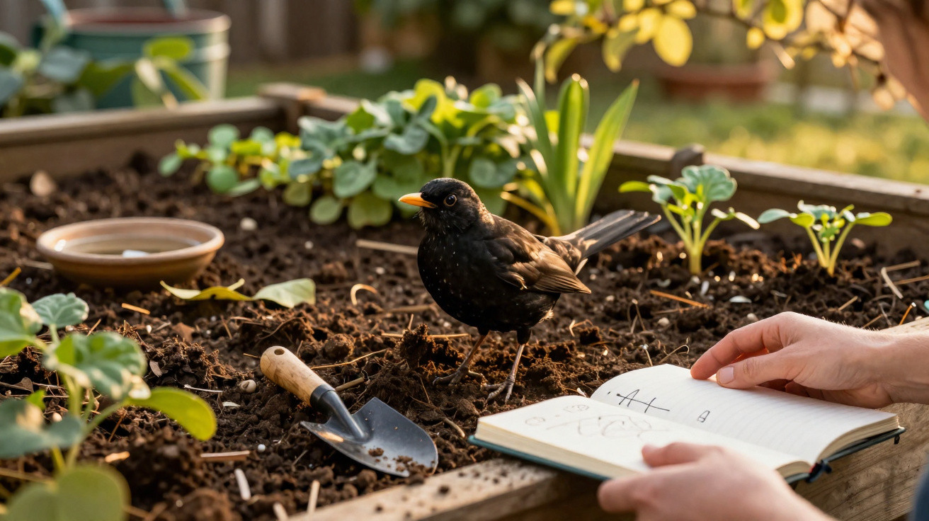 Blackbird standing on soil in a raised garden bed near a garden trowel and hands holding an open notebook.
