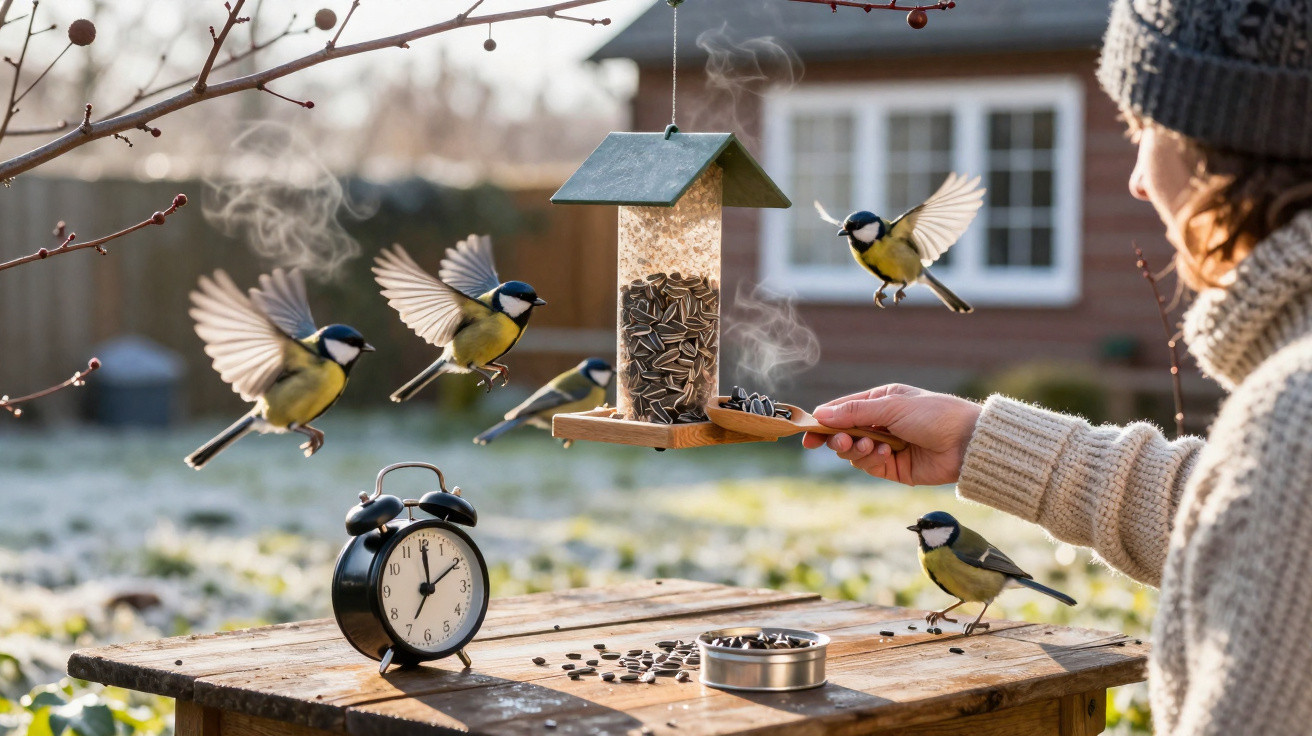 Person feeding great tits from a seed feeder on a frosty morning with a clock on a wooden table.