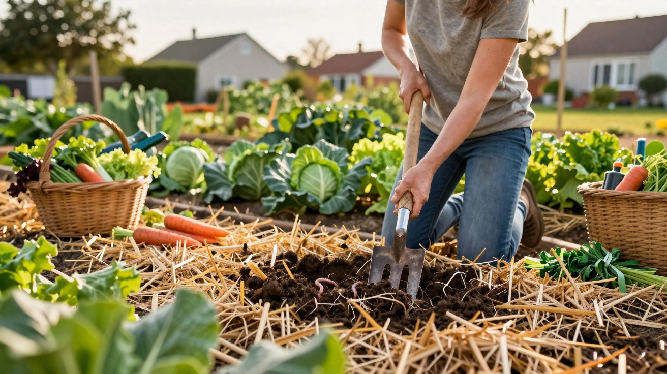 Person kneeling in a vegetable garden digging soil with a hand fork surrounded by lettuce and carrot baskets.
