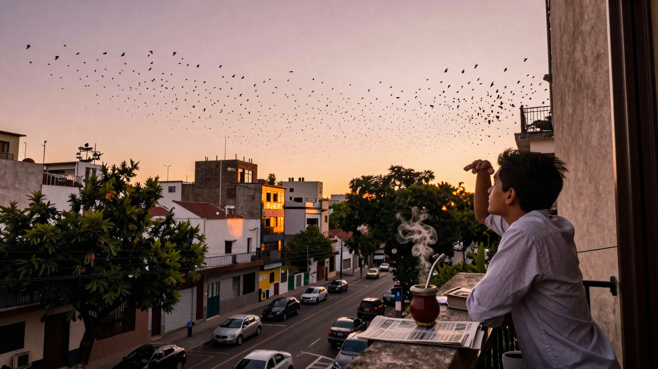 Young man drinks mate tea on a balcony overlooking a street and birds flying at sunset.