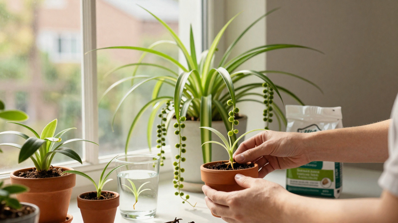 Hands holding a small potted spider plant with other houseplants on a windowsill in natural light.