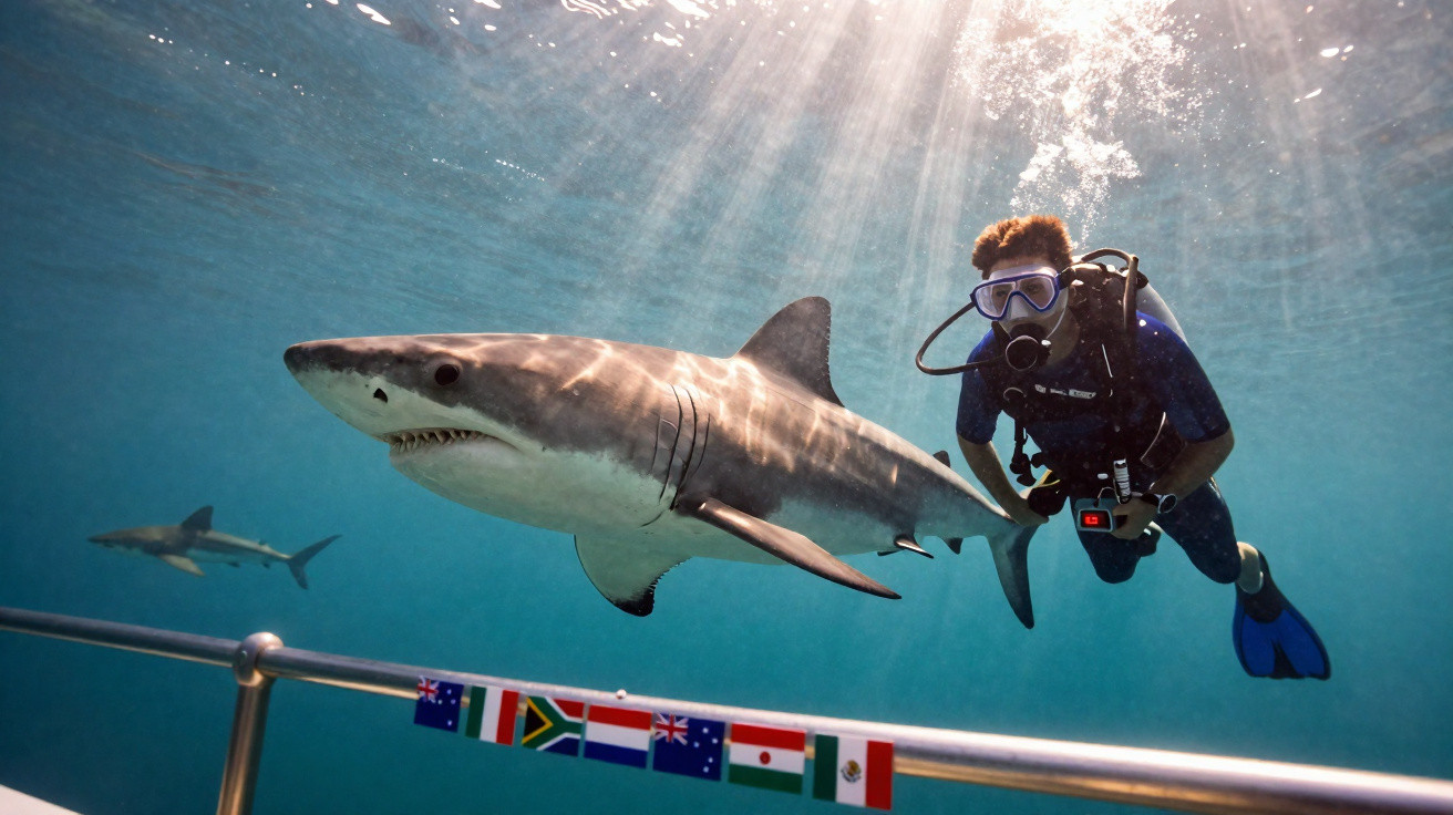 Diver swimming close to a large tiger shark underwater near a cage with international flags.