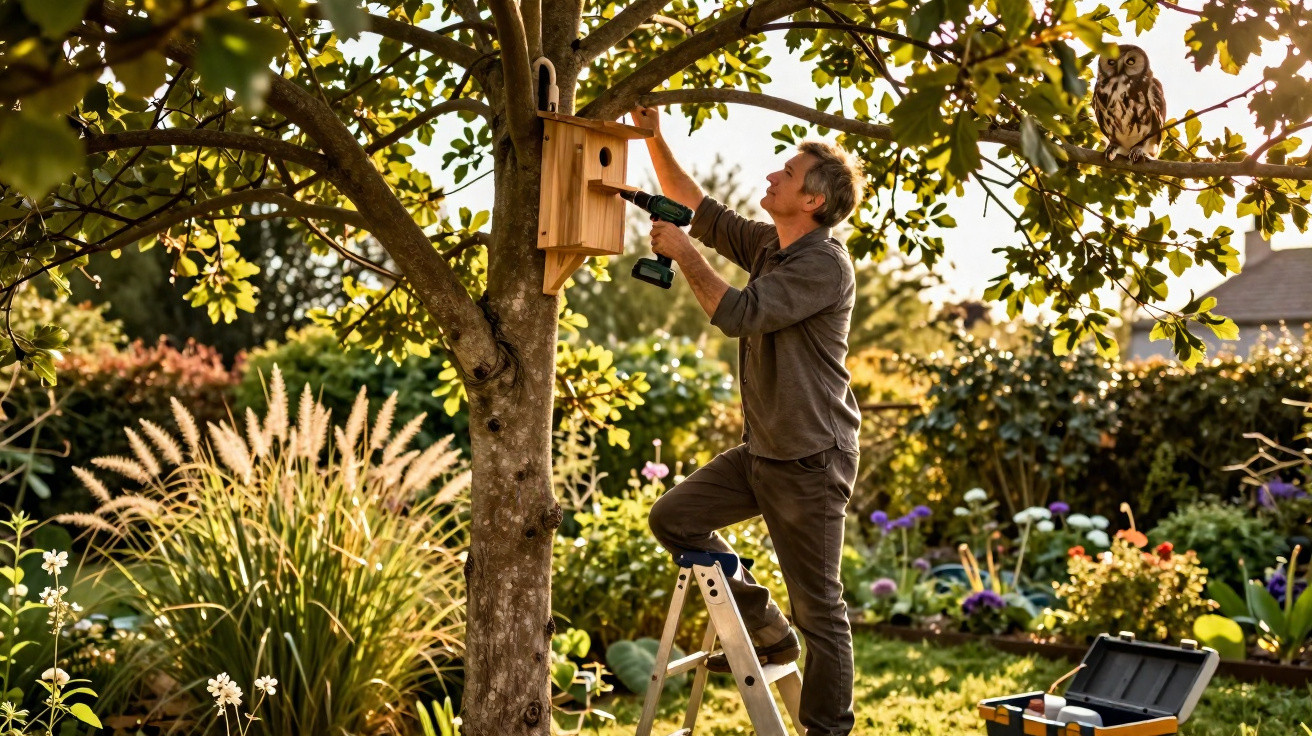 Man on ladder fixing wooden birdhouse to tree branch in a sunny garden with an owl perched nearby