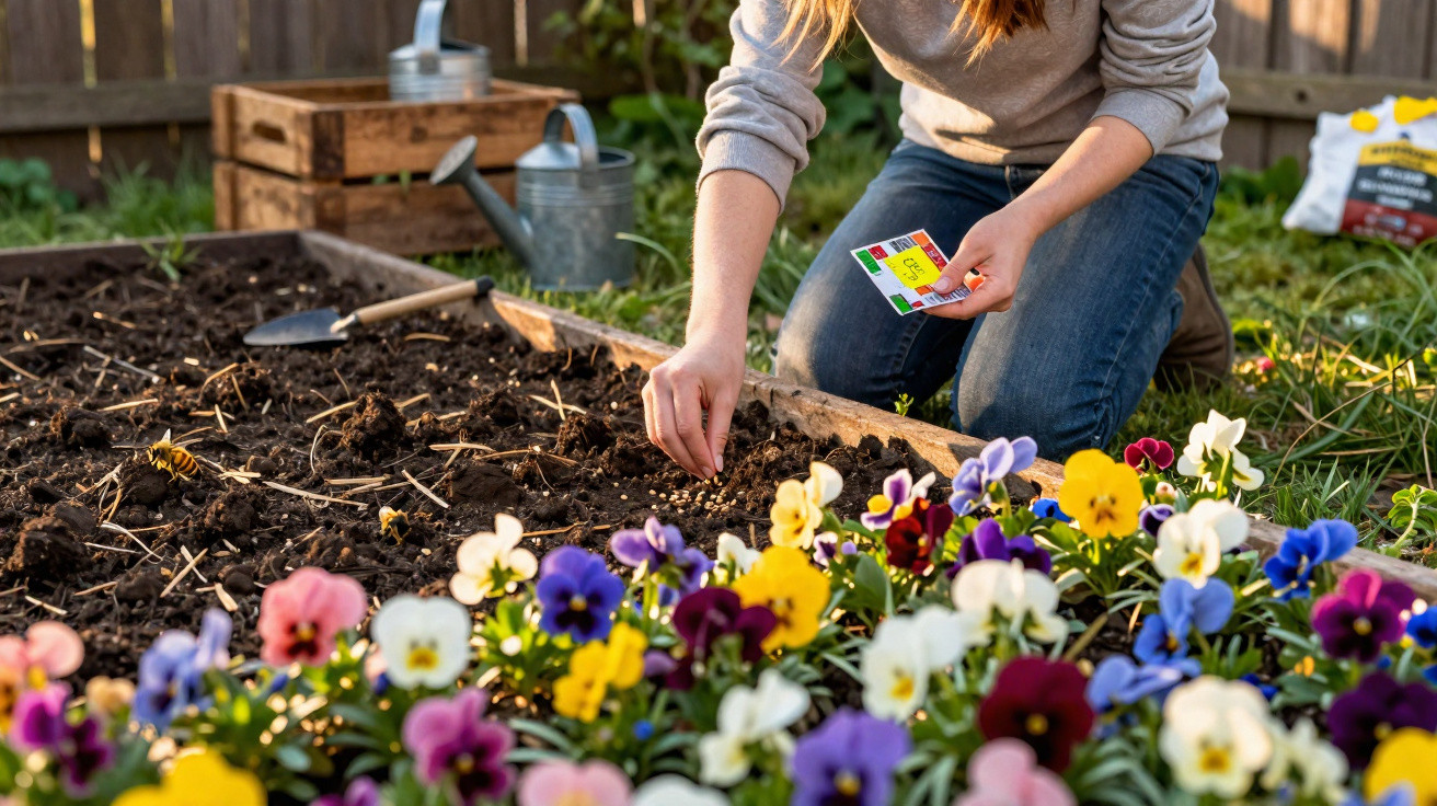 Person planting seeds in a garden bed with colourful pansies in the foreground.