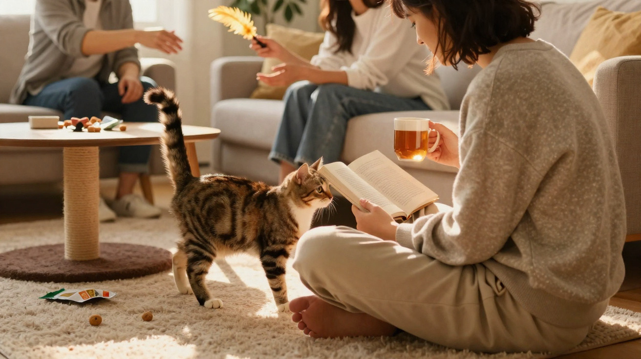 Woman sitting on carpet drinking tea and reading a book while a tabby cat approaches in a cosy living room.