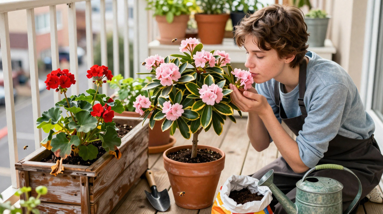 Young person smelling pink flowers on a balcony with gardening tools and plants around.