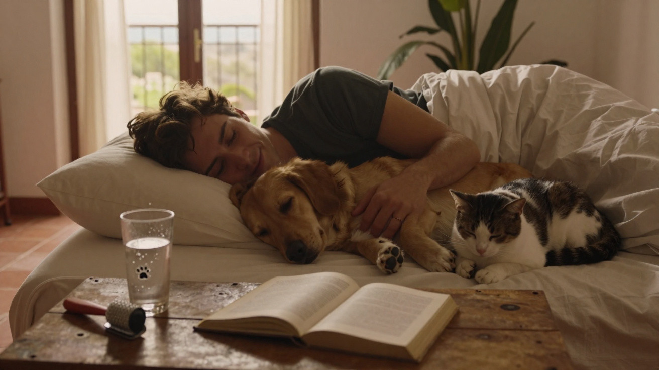Person lying in bed cuddling a golden retriever dog with a cat beside them, next to a table with a book and glass.