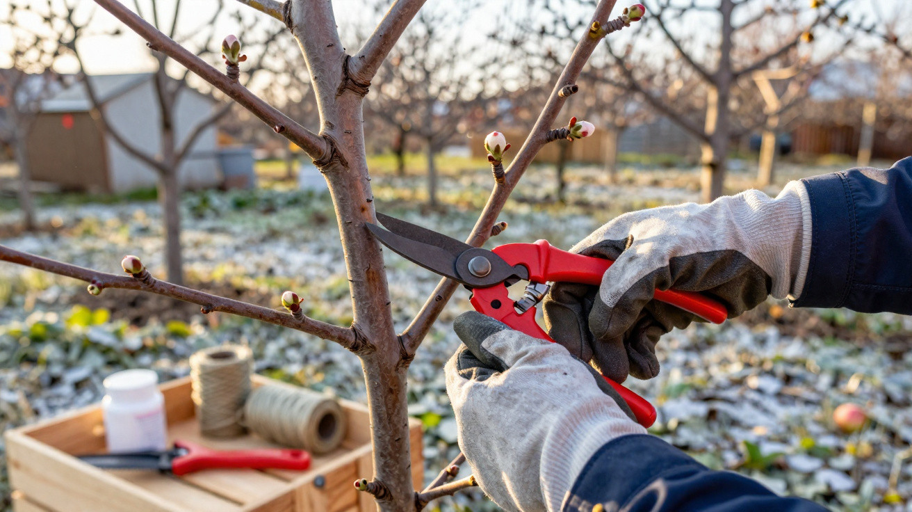 Person wearing gloves pruning budding tree branches with red secateurs in an orchard during early spring.