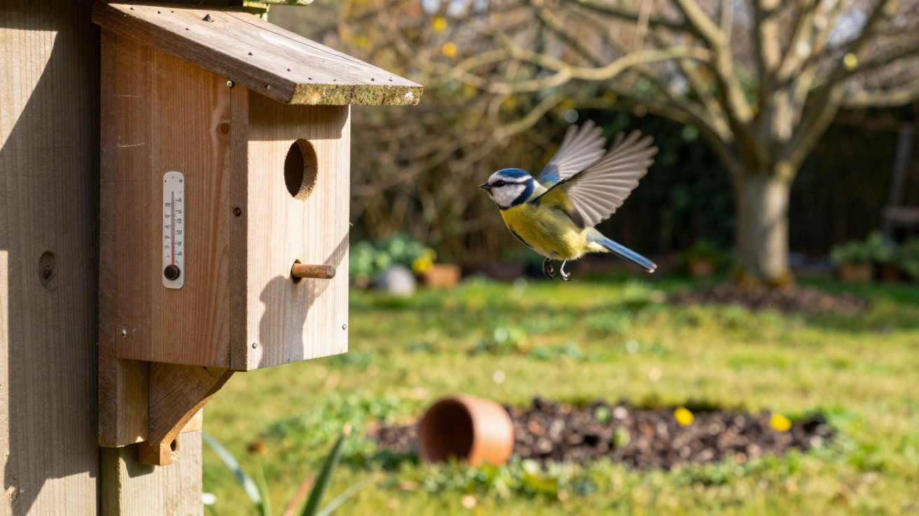 Blue tit bird in flight approaching a wooden birdhouse mounted on a garden post with a lawn background.