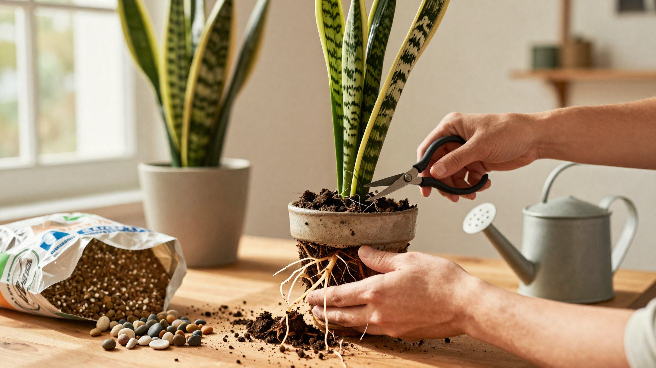 Hands using scissors to prune the roots of a snake plant on a wooden table with soil and watering can nearby